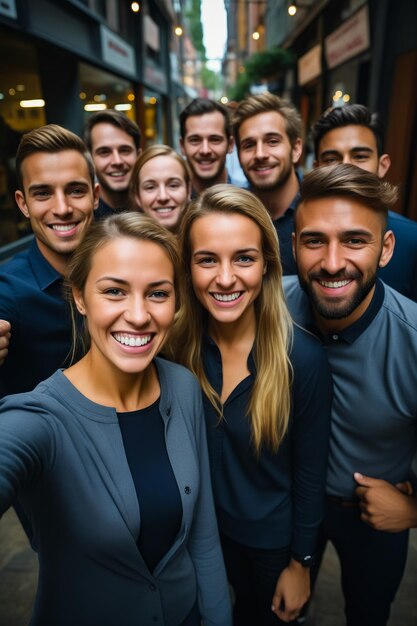 Foto gruppo di persone che scattano una foto insieme con un cellulare ai generativa