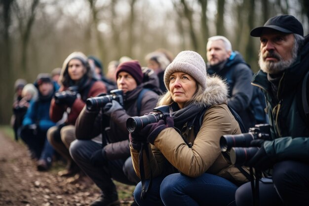 A group of people taking pictures in the woods