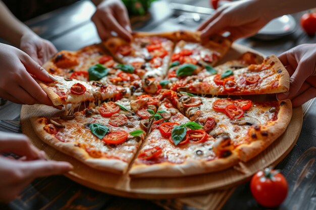 Group of people taking slices of pizza on wooden table closeup