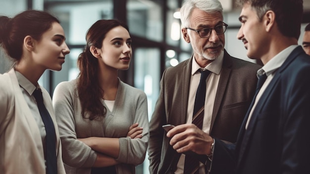 A group of people talking in a meeting