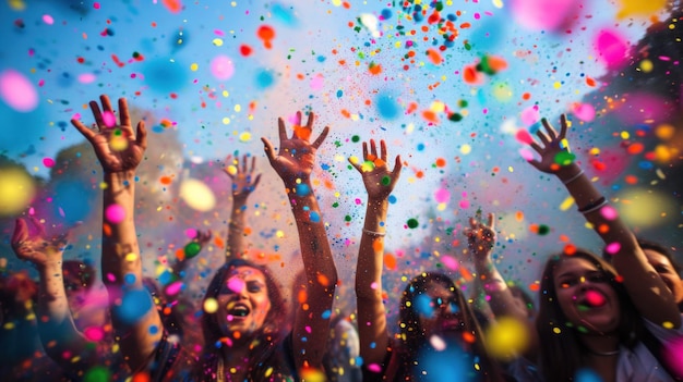 Foto un gruppo di persone che lanciano confetti in aria con le mani ai