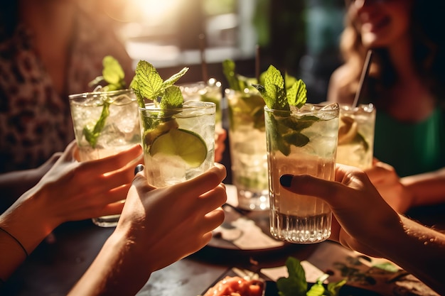 A group of people toasting drinks at a bar