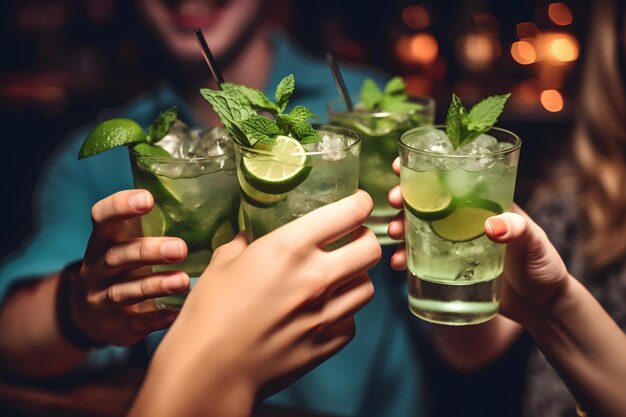 A group of people toasting drinks with limes and mint