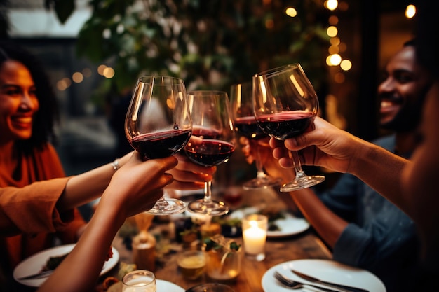 Group of people toasting wine during a dinner party