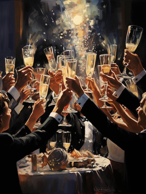 a group of people toasting with champagne glasses.