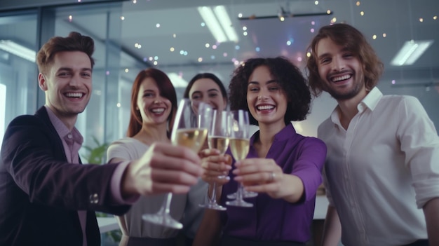 Photo group of people toasting with champagne in the office