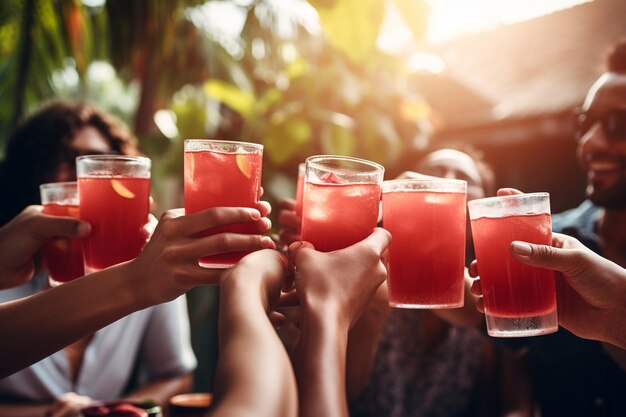 A group of people toasting with glasses of guava juice