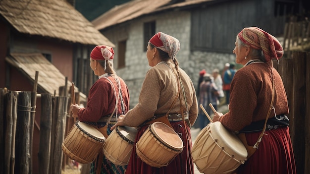 Photo a group of people in traditional clothing play drums.