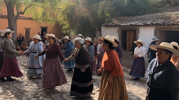 Foto un gruppo di persone in abiti tradizionali che danzano in cerchio con la scritta 