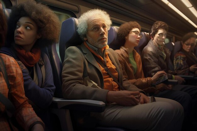 a group of people on a train with a man in a tie.