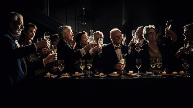 A group of people in tuxedos raise their glasses in a dark room.