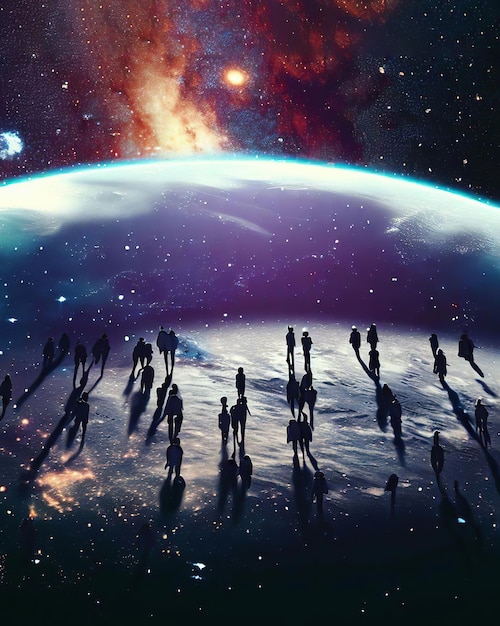A group of people walk across a planet with the planet in the background