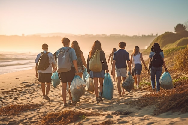 A group of people walk on a beach with trash bags.