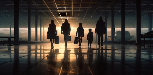 A group of people walk in a dark room with a bright sun behind them