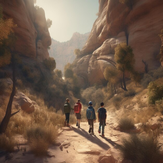 A group of people walk through a canyon.