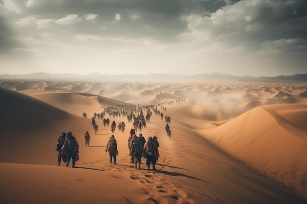 한 무리의 사람들이 하늘을 배경으로 사막을 걷고 있습니다.
