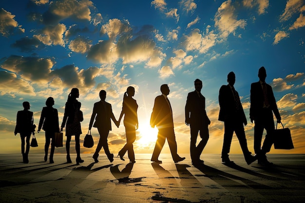 A group of people walking across a beach at sunset