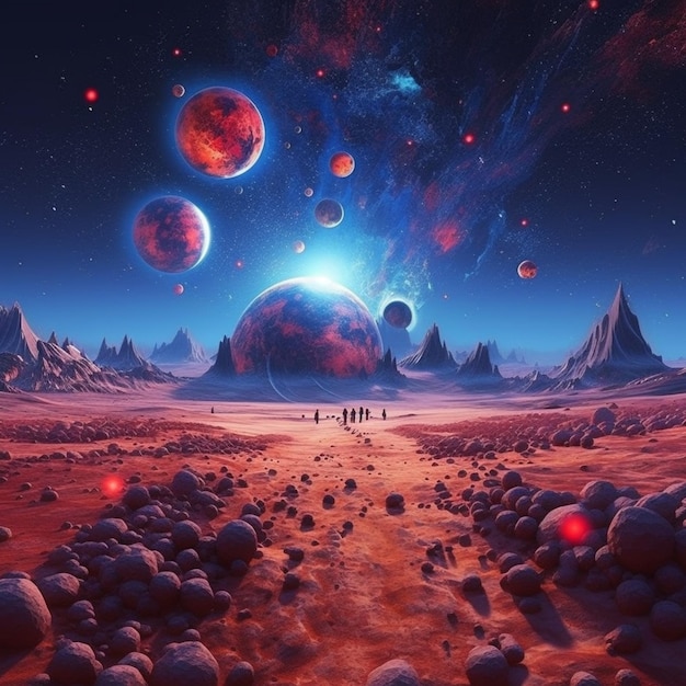 A group of people walking across a desert with planets in the background generative ai