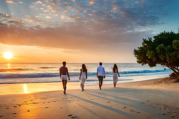 A group of people walking on a beach with the sun setting behind them