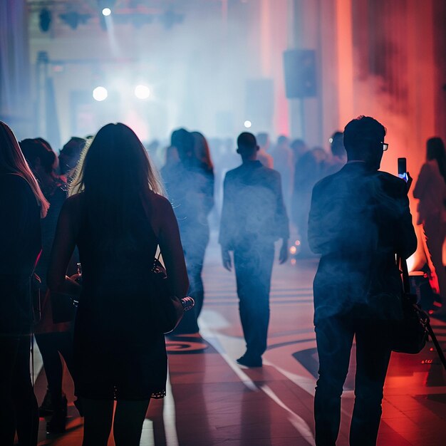 a group of people walking in a building with a red light behind them