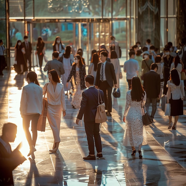 a group of people walking in a building with the word  on it