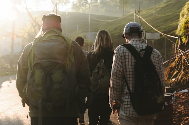 Group of people walking by the road in beautiful sunlight. closeup Back view