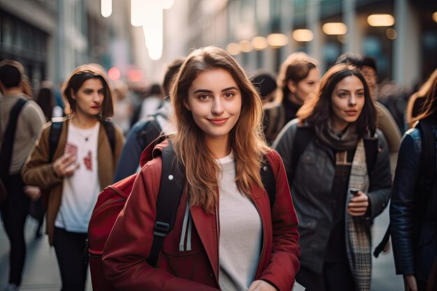 A group of people walking down a busy city street