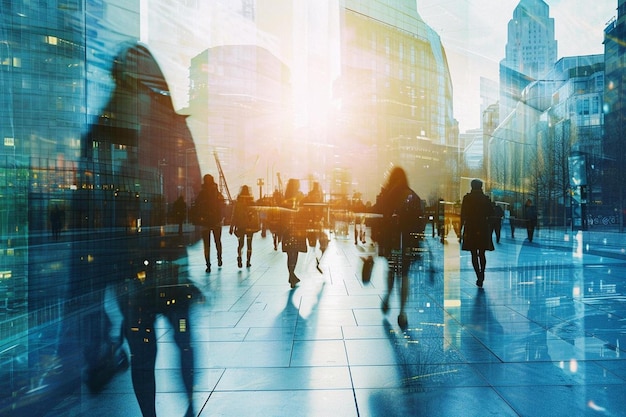 a group of people walking down a city street