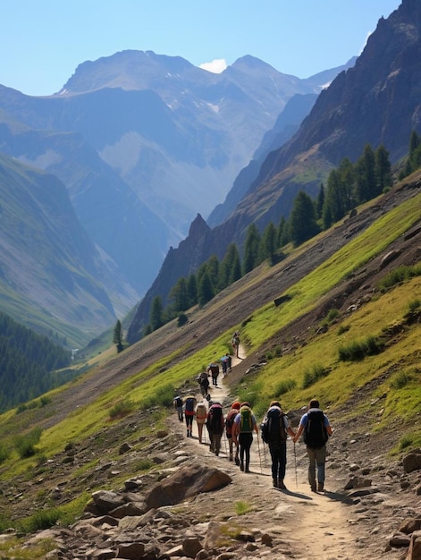 a group of people walking down a path in the mountains