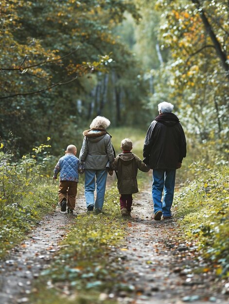 Photo a group of people walking down a path in the woods