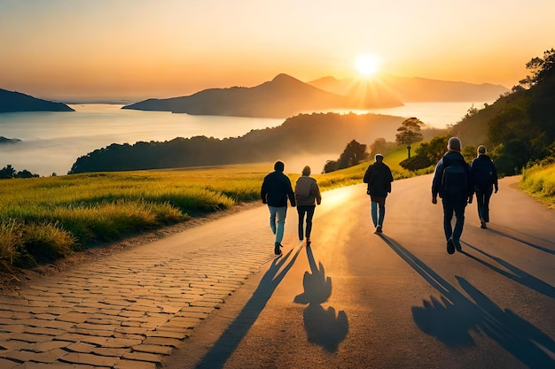 A group of people walking down a road with a sunset in the background.