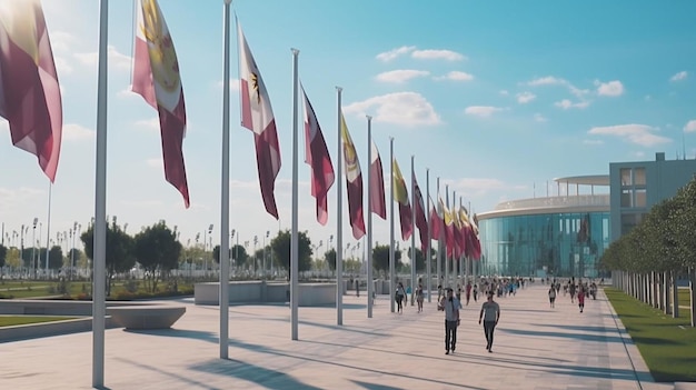 Photo a group of people walking down a sidewalk next to flags