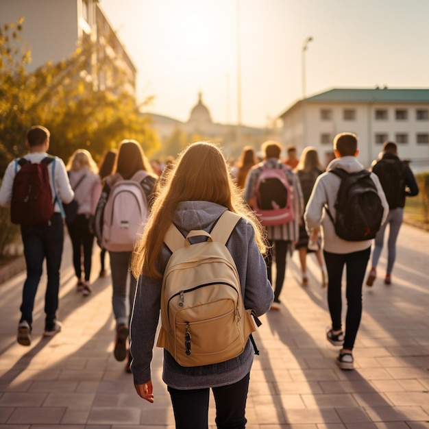 A group of people walking down a sidewalk with a backpack on their back.