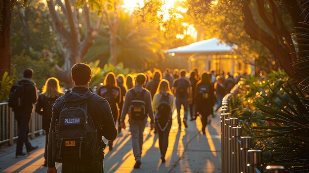 a group of people walking down a sidewalk with a man in a back pack