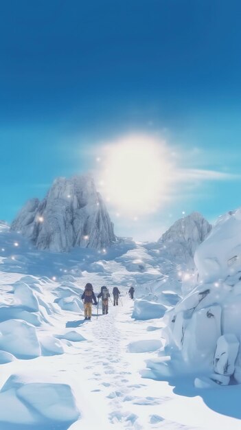 A group of people walking down a snowy path with the sun shining on them.