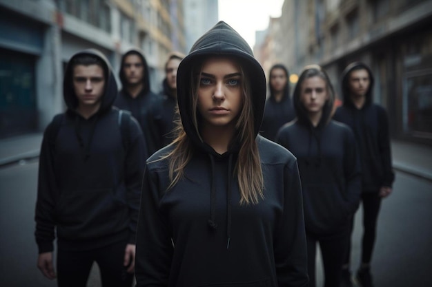 a group of people walking down a street in black hoodies.