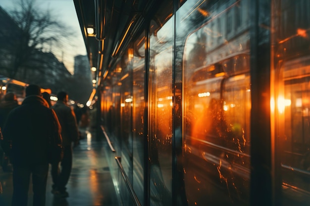 A group of people walking down a street next to a bus