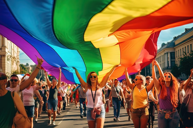 A group of people walking down a street holding a rainbow flag