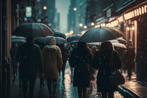 A group of people walking down a street holding umbrellas Generative AI