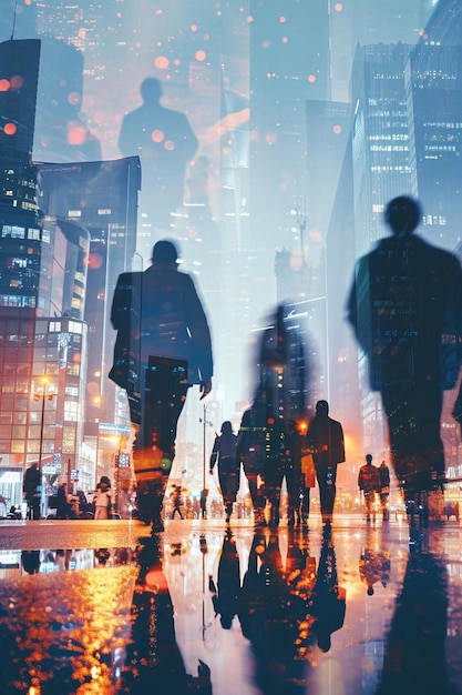 a group of people walking down a street at night