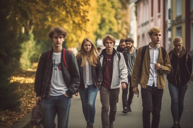 A group of people walking down a street, one of them has a shirt that says " t - shirt ".