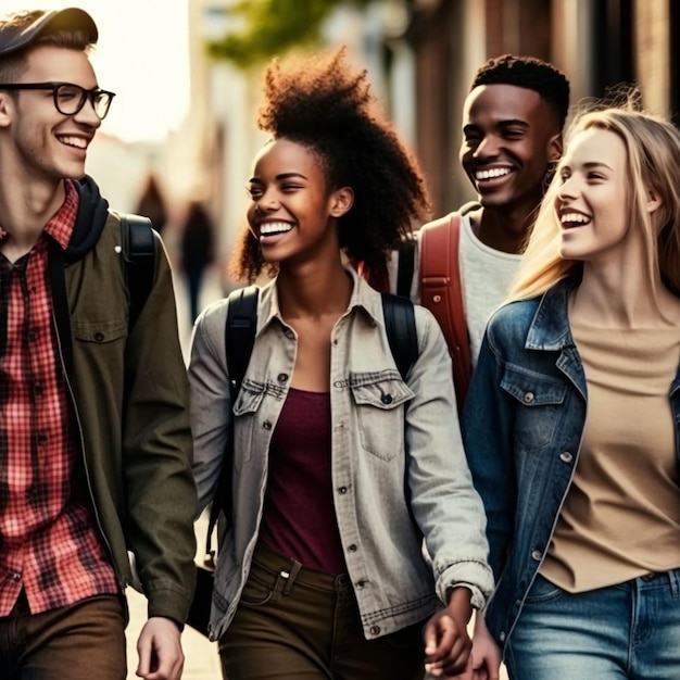 A group of people walking down a street, one of them is wearing a backpack and the other is wearing a backpack.