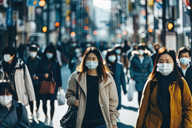 A group of people walking down a street wearing face masks