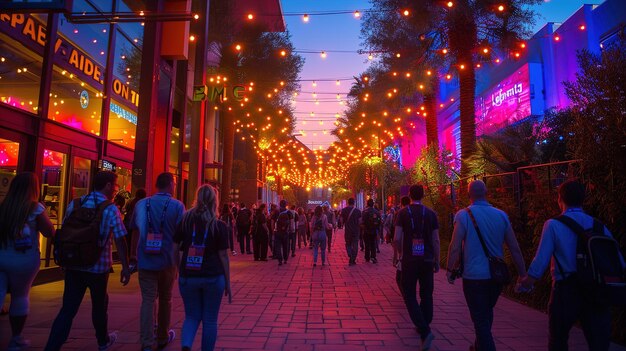 a group of people walking down a street with lights around them