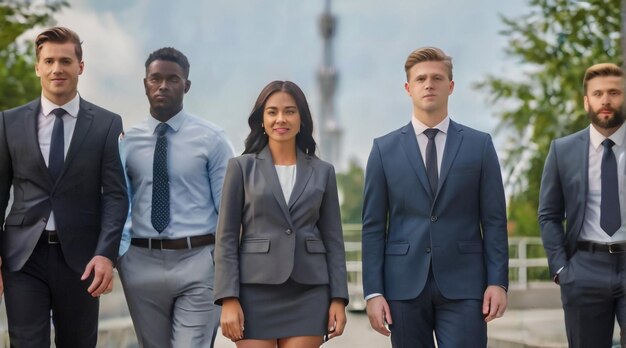 a group of people walking down a street with a man in a suit and tie