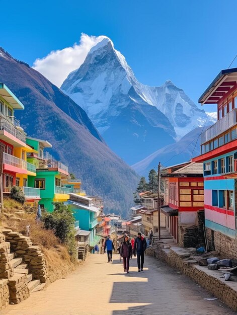 Photo a group of people walking down a street with a mountain in the background