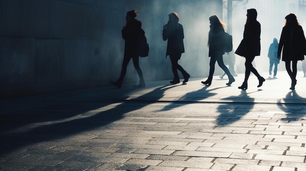 Photo a group of people walking down a street with the word  on the side