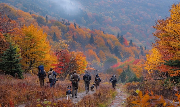группа людей, идущих по тропе в горах