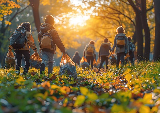 Photo a group of people walking in a forest with a backpack on their back