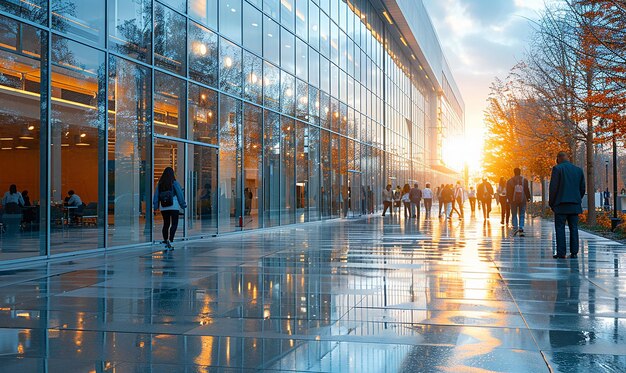 a group of people walking in front of a building with the sun shining through the glass windows